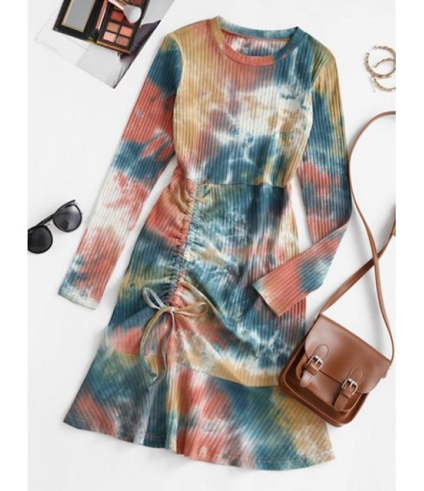 Tie Dye Cinched Flounce Ribbed Tee Dress