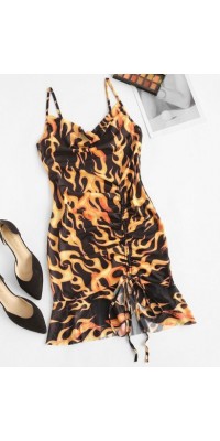 Cowl Neck Flame Print Cinched Ruffle Mesh Dress