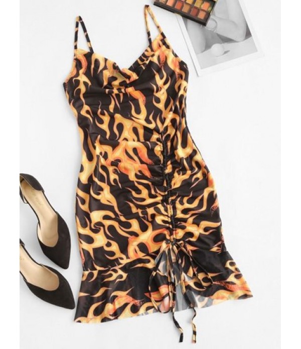 Cowl Neck Flame Print Cinched Ruffle Mesh Dress