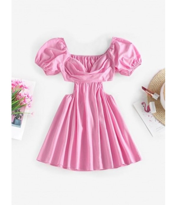 Puff Sleeve Ruched Cutout Skater Dress