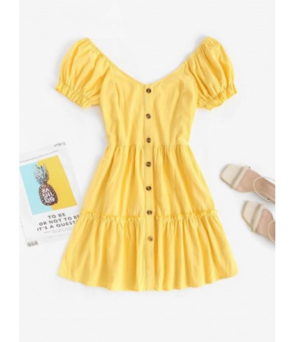 Puff Sleeve Button Up Tiered Mini Smock ...