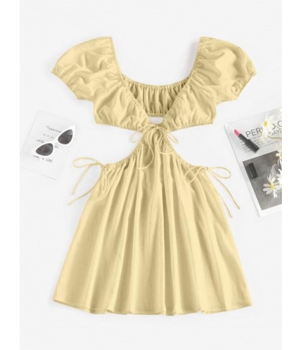 Cutout Tie Puff Sleeve Plunge Dress