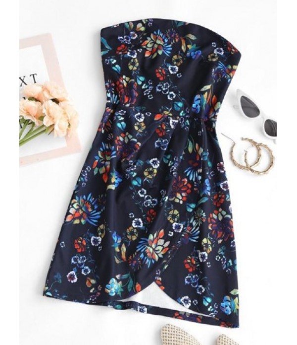 Strapless Flower Print Overlap Mini Dres...