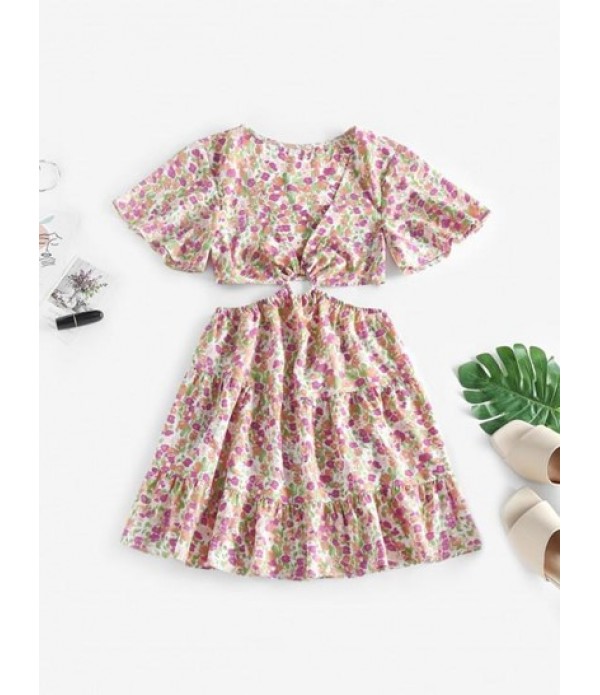 Floral Print Flare Sleeve O Ring Cutout ...