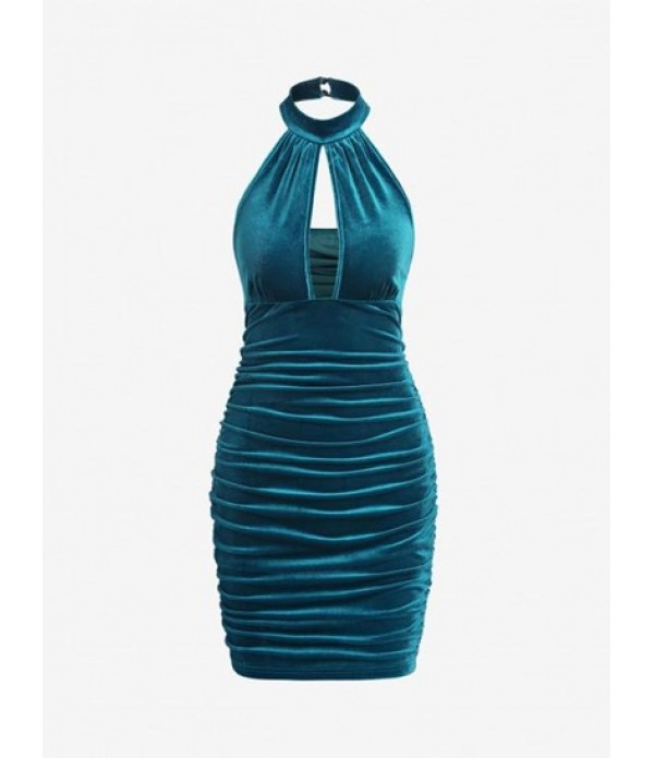 Halter Velour Cutout Ruched Bodycon Dres...