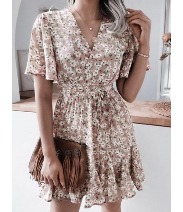 Tie Waist Flutter Sleeve Floral Surplice...