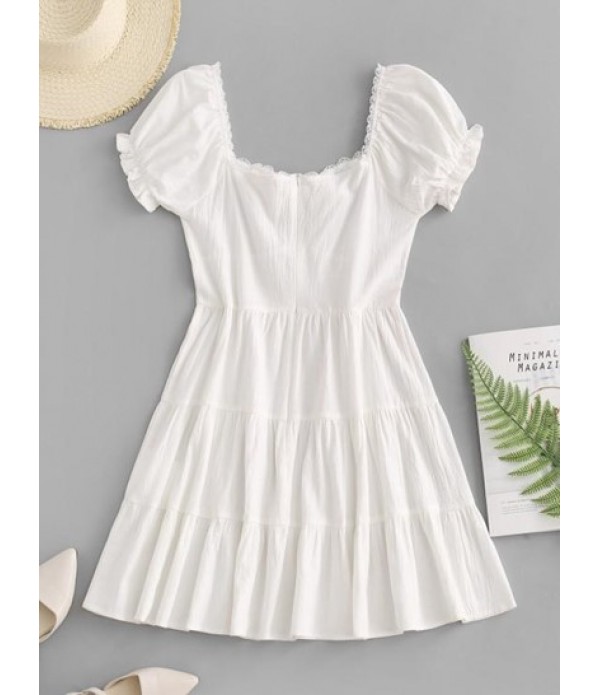 Lace Trim Puff Sleeve Tiered Milkmaid Dress