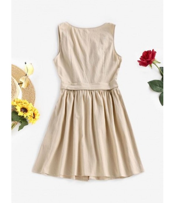 Button Front Belted A Line Tank Dress