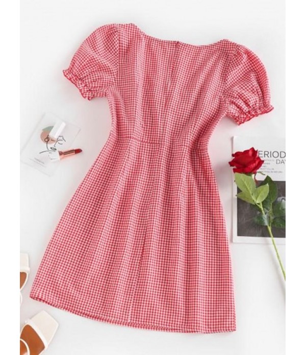 Gingham Ruched Puff Sleeve Hollow Out Dress