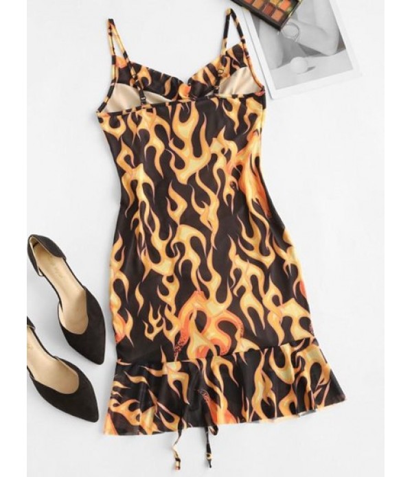 Cowl Neck Flame Print Cinched Ruffle Mesh Dress