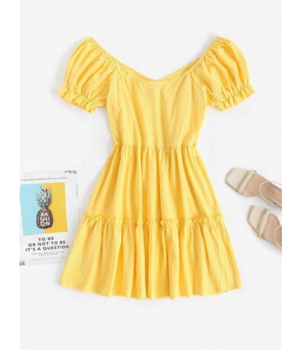 Puff Sleeve Button Up Tiered Mini Smock Dress