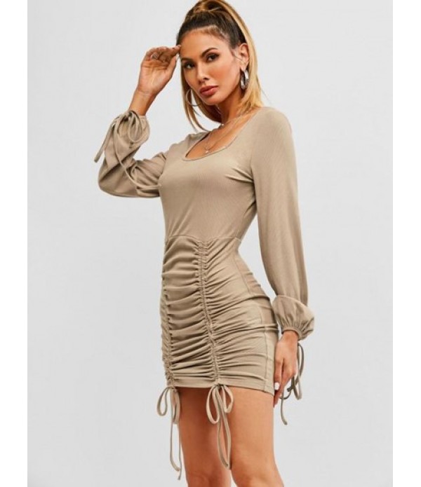 Ribbed Cinched Tie Ruched Bodycon Mini Dress