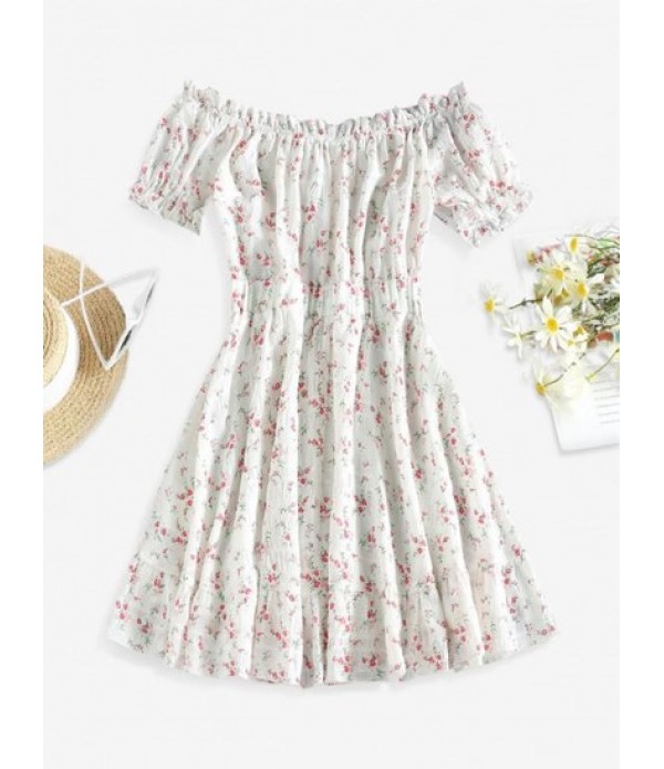 Button Front Tiny Floral Off Shoulder Mini Dress