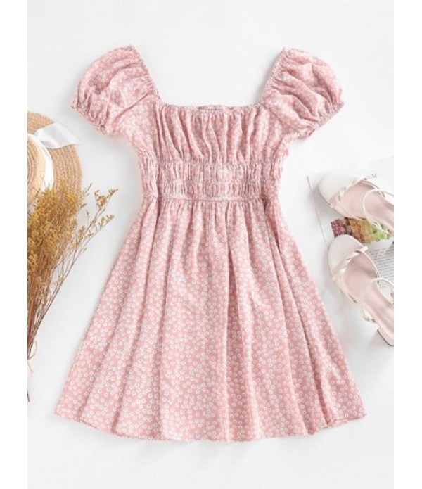 Ditsy Floral Ruched Puff Sleeve Milkmaid Dress