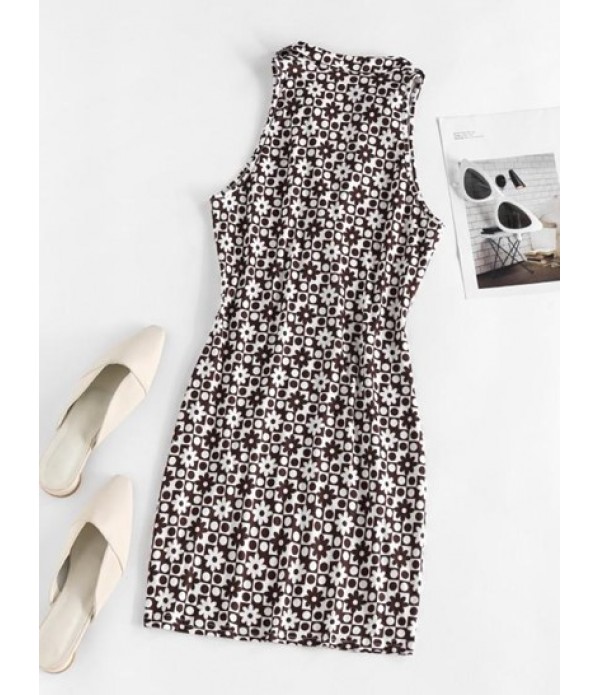 Polka Dot Flower Bodycon Tank Dress