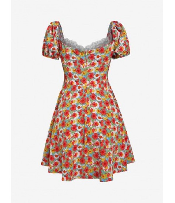 Puff Sleeve Floral Print A Line Dress