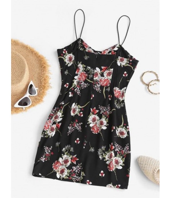 Floral Print Tie Front Spaghetti Strap Bodycon Mini Dress