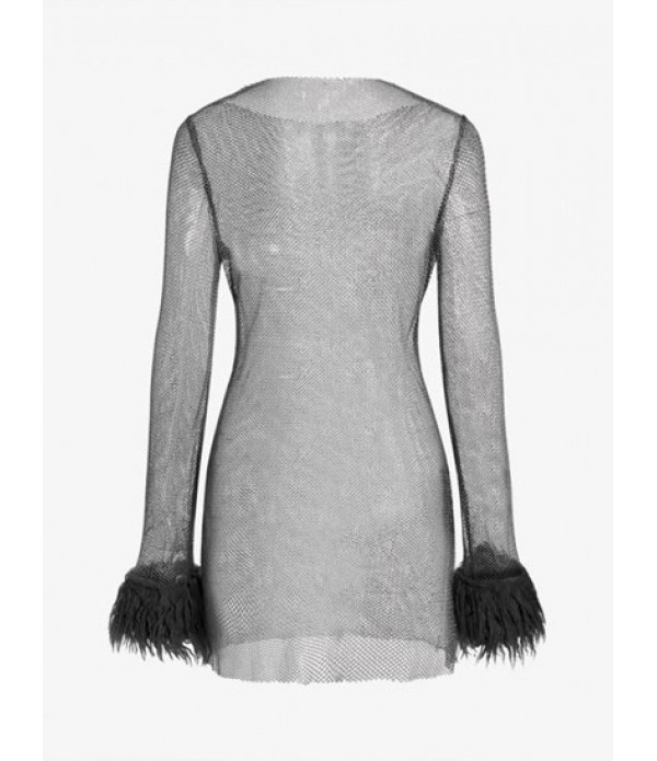 Metallic Fishnet See Thru Faux Fur Cuffs Bodycon Dress