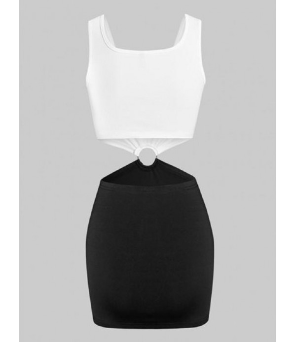 Colorblock O Ring Cutout Waist Slinky Dress