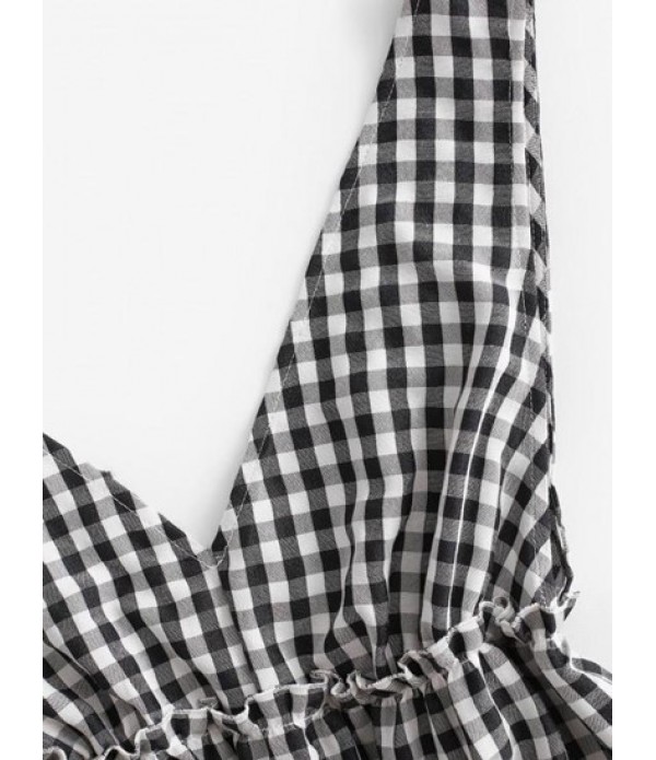 Double V Gingham Frilled Tiered Smock Dress