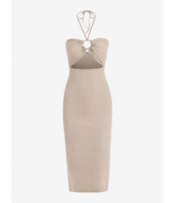 Ribbed O Ring Cutout Slit Slinky Dress