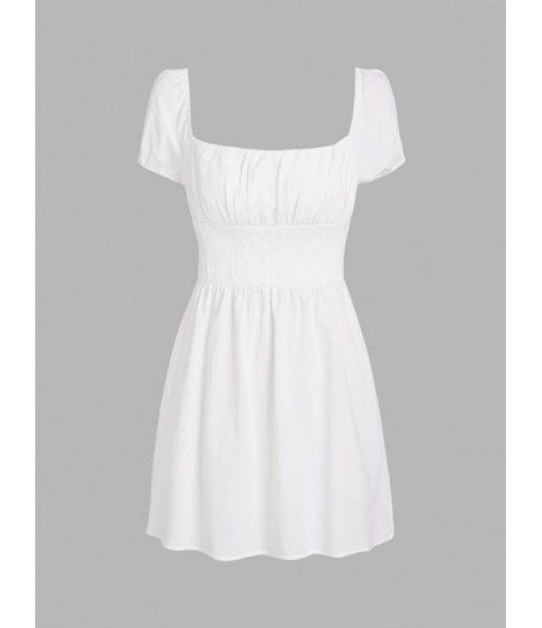 Puff Sleeve Bowknot Back Smocked Dress