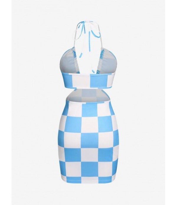 Checkerboard Print Halter Cutout Slinky Dress